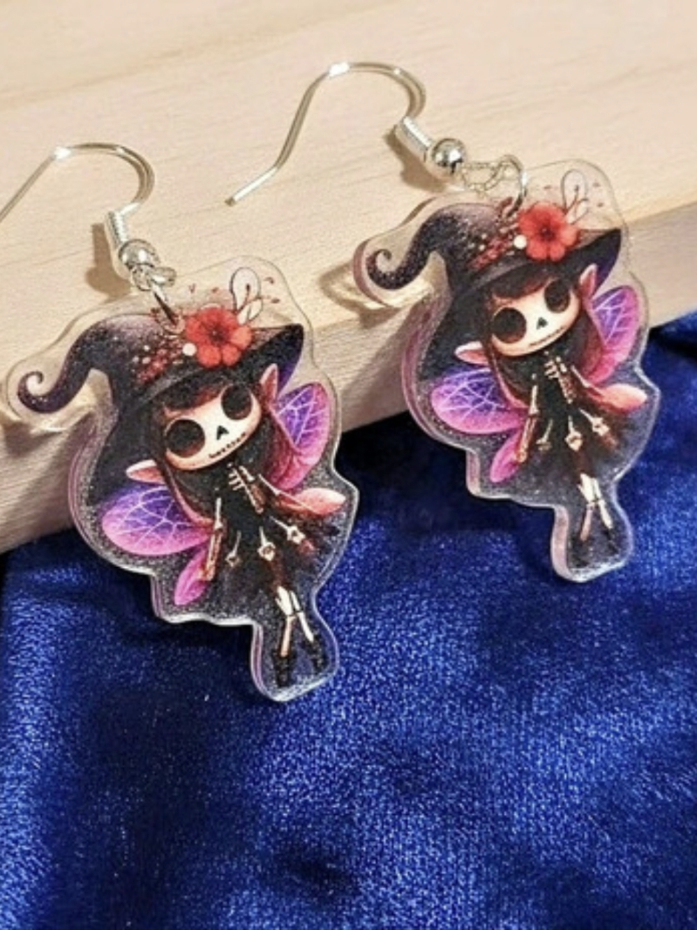 Witch Fairy Dangle Earrings in Black & Purple